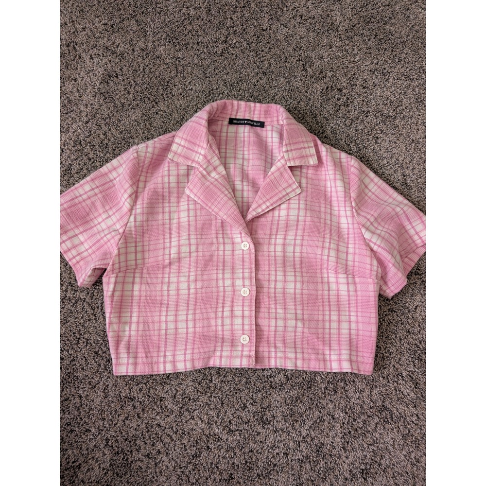 Brandy Melville Pink White Plaid Cropped Short Sleeve Button Up Shirt Small